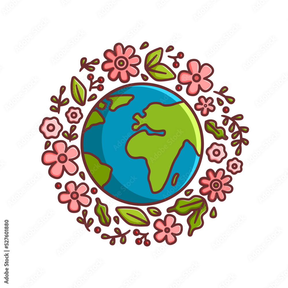Cartoon Earth with flowers and leaves vector illustration. Outline flat planet in floral frame, sustainability and environment caring concept. Saving ecology and sustainable lifestyle