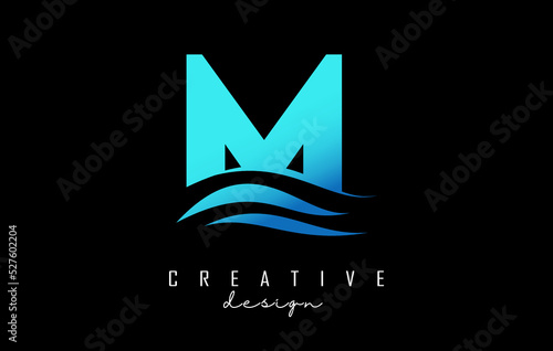 Water effect blue letter M logo with leading lines. Letter with geometric and waves design.Vector Illustration with letter and creative cuts.