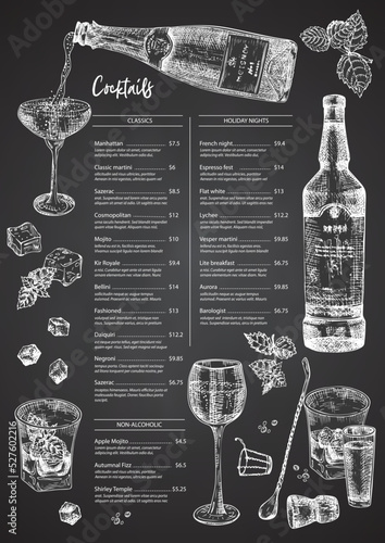 Cocktail bar menu design template set in retro style Isolated on on black chalckboard background. Hand drawn glass and bottle champagne. Vintage wine card. Alcohol beverage symbol.