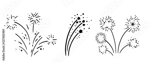 Doodle scribble sketch firework set collection. Shiny comic sparkle  fireworks explosion burst holiday, wedding, party. Vector monochrome bullet journal art isolated on white background