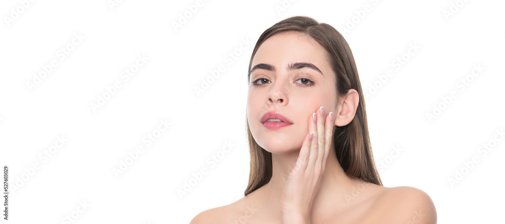 Beauty woman skin. Woman beauty face, close up portrait, isolated banner with copy space. young lady touch perfect face skin with hand isolated on white background, skincare. Beauty woman skin. Woman beauty face, close up portrait, isolated banner with copy space. young lady touch perfect face skin with hand isolated on white background, skincare.