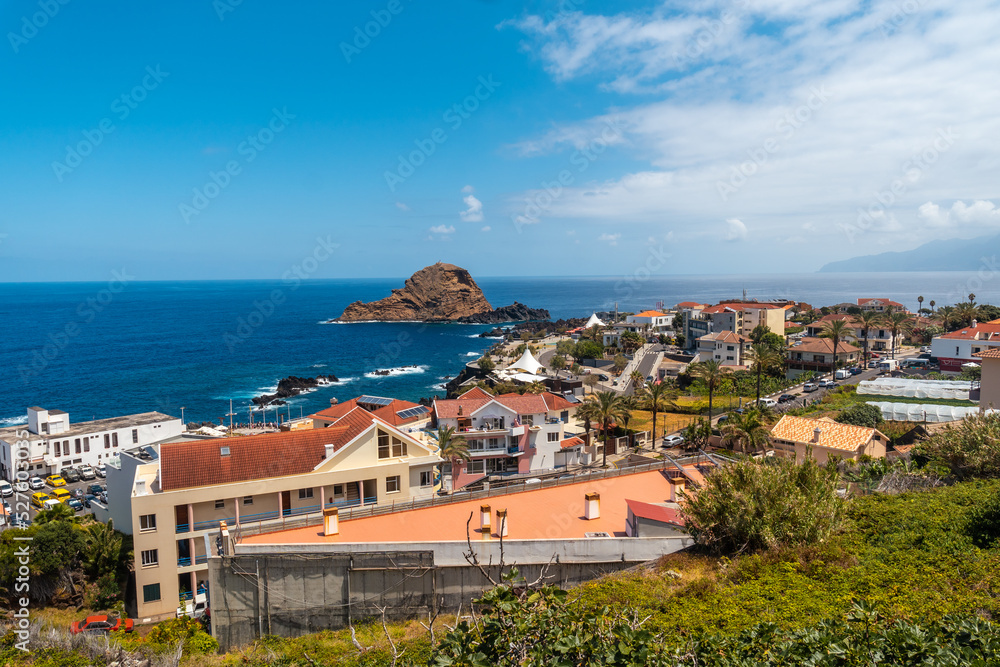 Aerial view of the coastal town of Porto Moniz famous for its natural pool, Madeira