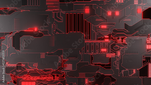 futuristic sci fi abstract texture background with detailed geometric lines and robotic technological shapes - 3d render of science fiction dark surface with red glowing lights photo