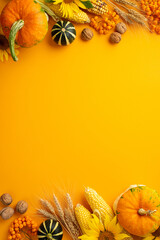 Autumn harvest concept. Top view vertical photo of raw vegetables pumpkins corn walnuts sunflowers wheat and rowan berries on isolated orange background with copyspace