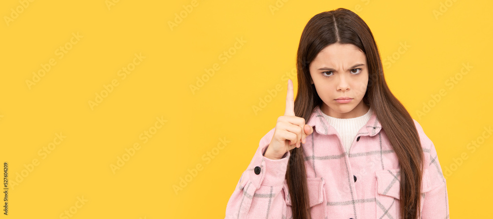 serious teen girl wear pink checkered shirt, angry. Child face, horizontal poster, teenager girl isolated portrait, banner with copy space.