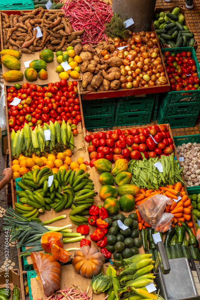 Aerial view of the fruits of the Farmers Market in the city of Funchal, Madeira. Portugal