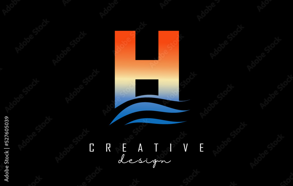 Obraz premium Sunset effect letter H logo with waves lines. Letter with geometric waves and sunset design.