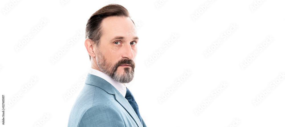 Man face portrait, banner with copy space. mature grizzled man lawyer in businesslike suit isolated on white copy space, business success. Man face portrait, banner with copy space. mature grizzled man lawyer in businesslike suit isolated on white copy space, business success.