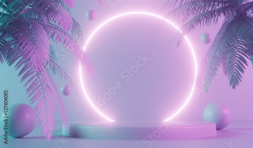 Modern trendy neon glowing light with tropical palm trees. 3D Rendering