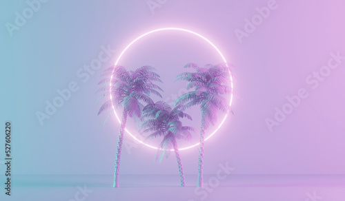 Modern trendy neon glowing light with tropical palm trees. 3D Rendering © ink drop