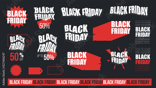 Black Friday abstract vector sale labels collection isolated. Vector price tags isolated on black background.