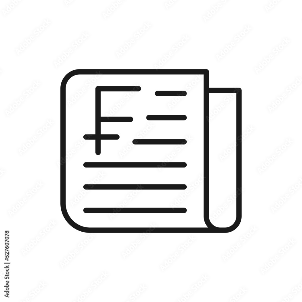 Franc sign on newspaper. Financial news icon line style isolated on white background. Vector illustration Franc sign on newspaper. Financial news icon line style isolated on white background. Vector illustration