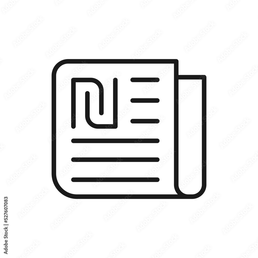 Shekel sign on newspaper. Financial news icon line style isolated on white background. Vector illustration Shekel sign on newspaper. Financial news icon line style isolated on white background. Vector illustration