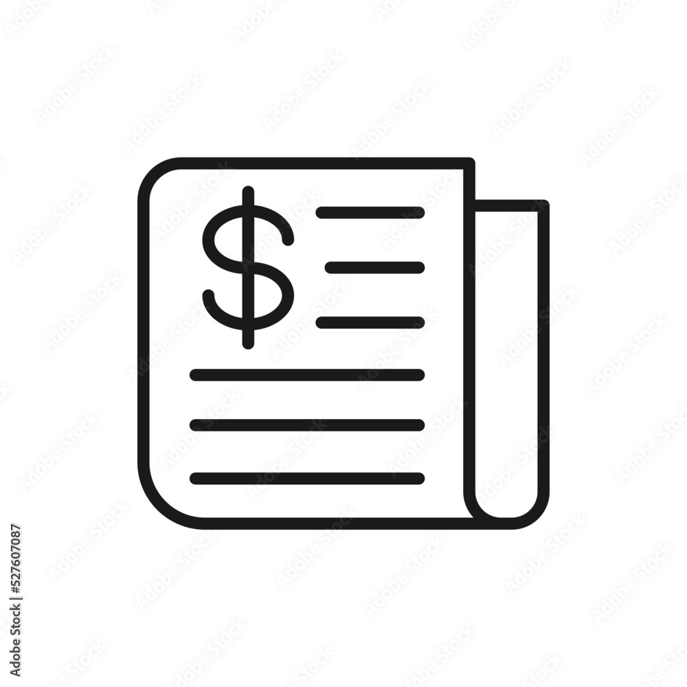 Dollar sign on newspaper. Financial news icon line style isolated on white background. Vector illustration