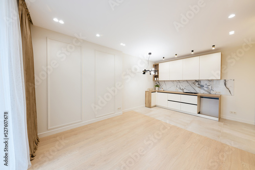 Interior design of a new kitchen with stylish furniture. Cleanliness and order