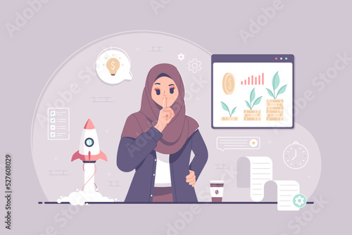 work in silence Islamic business woman with shut up gesture illustration
