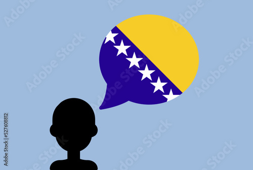 Bosnia and Herzegovina flag with speech balloon, silhouette man with country flag, learning Bosnian language