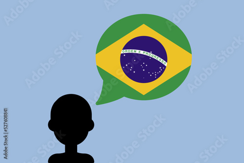 Brazil flag with speech balloon, silhouette man with country flag, learning Brazilian language