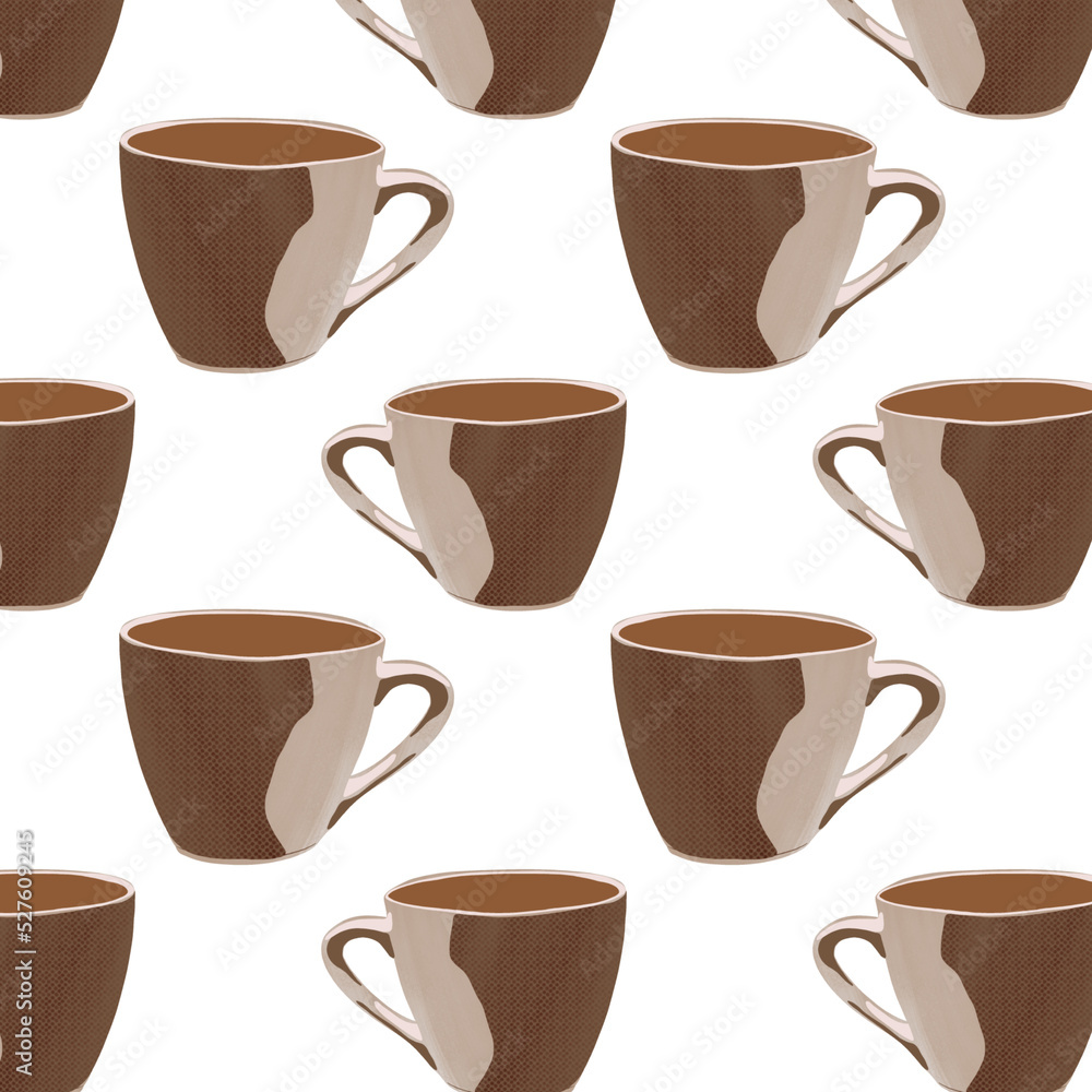 Obraz premium Cute cartoon cup coffee on white background pattern illustration.