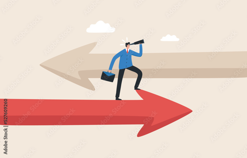 Vision to see the business direction forecasting the economy or the future. Businessman standing on giant arrow using binoculars. Vision to see the business direction forecasting the economy or the future. Businessman standing on giant arrow using binoculars.