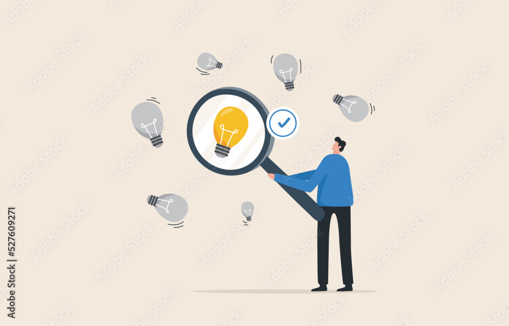 Validate Your Startup Idea. Find a problem enough to be worth solving. Determine the validity of the idea from the idea. Businessman using a magnifying glass with a light bulb. Validate Your Startup Idea. Find a problem enough to be worth solving. Determine the validity of the idea from the idea. Businessman using a magnifying glass with a light bulb.