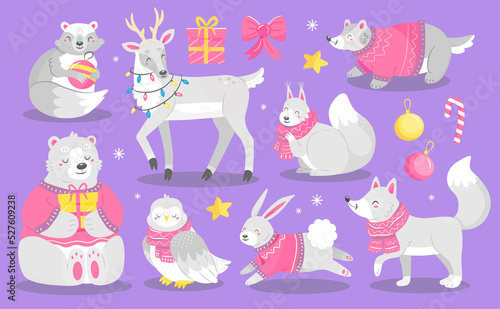 Fototapeta Naklejka Na Ścianę i Meble -  Forest Christmas white animals in sweaters and scarves in a cute cartoon style. Isolated animal illustration.