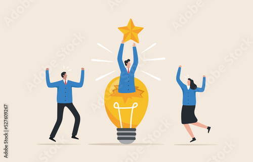 Ideas for team success. innovation solutions Community or invention helps a company achieve its goals. .Star Award of Achievement. Employees share light bulb ideas.
