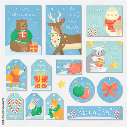 Collection of cards  tags  postcards  labels for New Year and Christmas with cute forest animals in cartoon style. Concept illustration.
