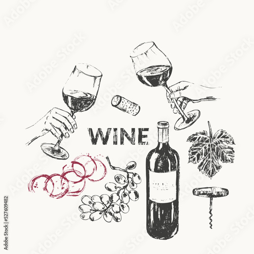 Hand drawn wine illustration set.