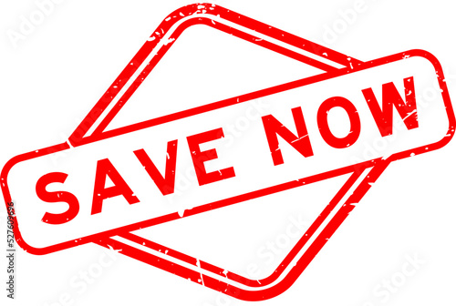 Grunge red save now word rubber seal stamp on white background