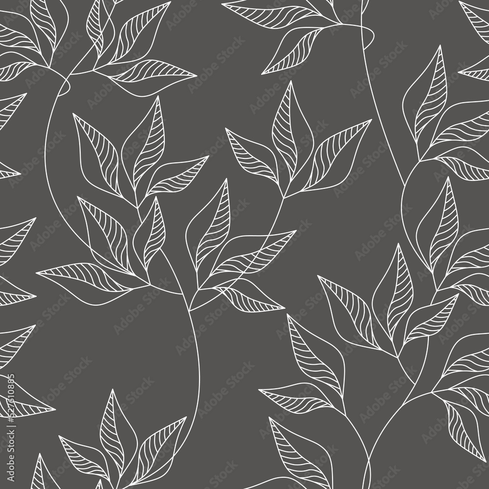 Leaf seamless pattern vector. Abstract linear branches floral backdrop illustration. Wallpaper, background, fabric, textile, print, wrapping paper or package design.