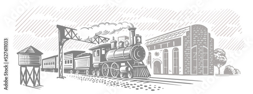 Locomotive train vehicle. Express engraving