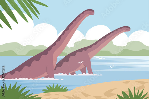 Big sauropods. Lizards bathe in water. Herbivorous dinosaur of the Jurassic period. Prehistoric pangolin. Science paleontology. Wild landscape. Vector cartoon illustration