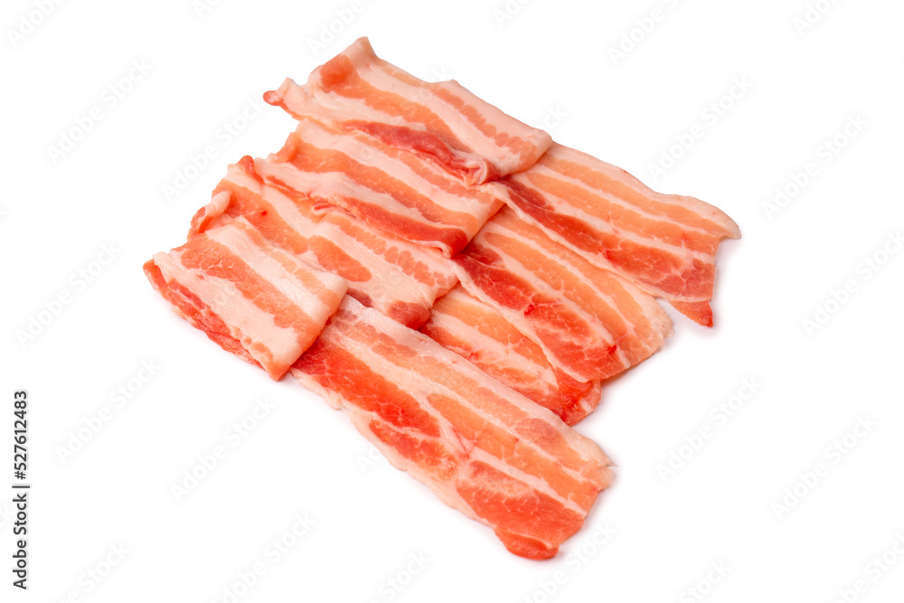 Raw bacon slices isolated on a white background. Raw bacon slices isolated on a white background.