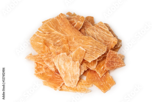 Group of tasty beer snacks. Dehydrated chicken meat slices.