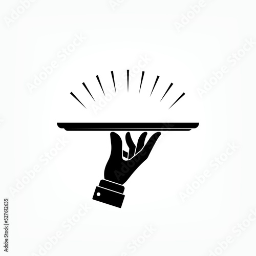 Serving Tray Icon. Waitress, Symbol of Plate and Hand - Vector.    