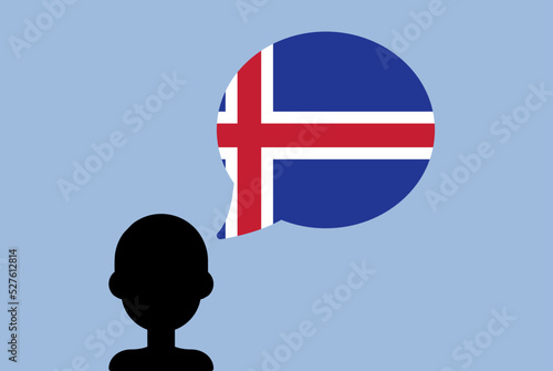 Iceland flag with speech balloon, silhouette man with country flag, learning Icelandic language