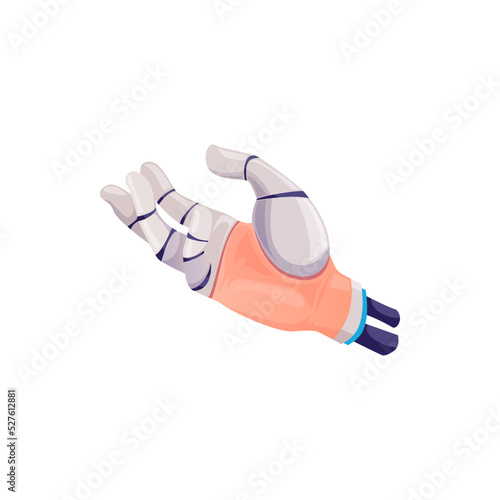 Human hand with fingers robotic prosthesis reaching something isolated cartoon icon. Vector cyborg palm, robotized limb, robot body part. Robotic artificial hand with metal finger, innovation medicine