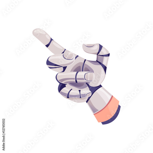 Human hand with pointing finger up, robotic prosthesis isolated cartoon icon. Vector futuristic robot artificial hand with metal finger, innovation medicine handicapped robotized cyborg palm limb