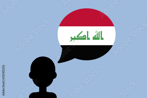 Iraq flag with speech balloon, silhouette man with country flag, learning Iraqi language