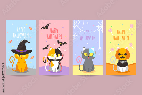 Colorful happy halloween banner with cute cat wearing costume