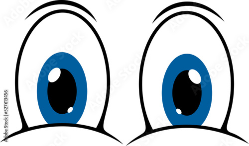 Eyes cartoon face, smile expression and googly character vector icon. Comic big open eyes facial emoji or emoticon with surprised or scary and shy look
