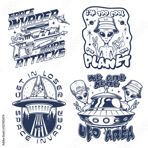 Aliens set vintage monochrome flyers