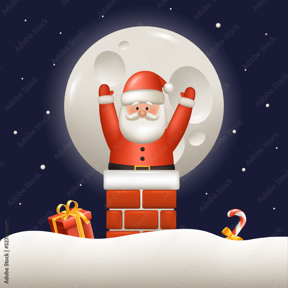 Naklejka premium Santa Claus was stuck in the chimney with gifts. Holiday banner, web poster, greeting card. Realistic vector illustration.