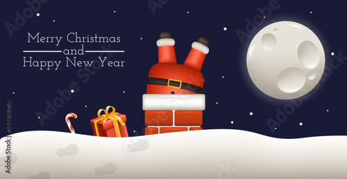 Santa Claus was stuck in the chimney with gifts. Holiday banner, web poster, greeting card. Realistic vector illustration.
