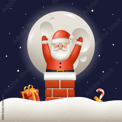 Santa Claus was stuck in the chimney with gifts. Holiday banner, web poster, greeting card. Realistic vector illustration.