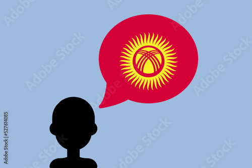Kyrgyzstan flag with speech balloon, silhouette man with country flag, learning Kyrgyz language