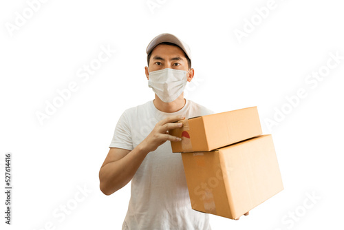 Young Asian delivery man wearing cap and white blank t-shirt holding parcel post box on transparent background - PNG format. photo