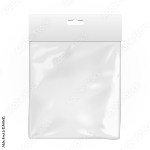 White Blank Plastic Pocket Bag. Transparent. With Hang Slot. Illustration Isolated On White Background. Mock Up Template Ready For Your Design. Vector EPS10