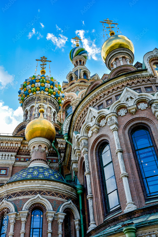 Bottom view of famous and colorful church of the Saviour on Spilled Blood in Saint Petersburg, Russia